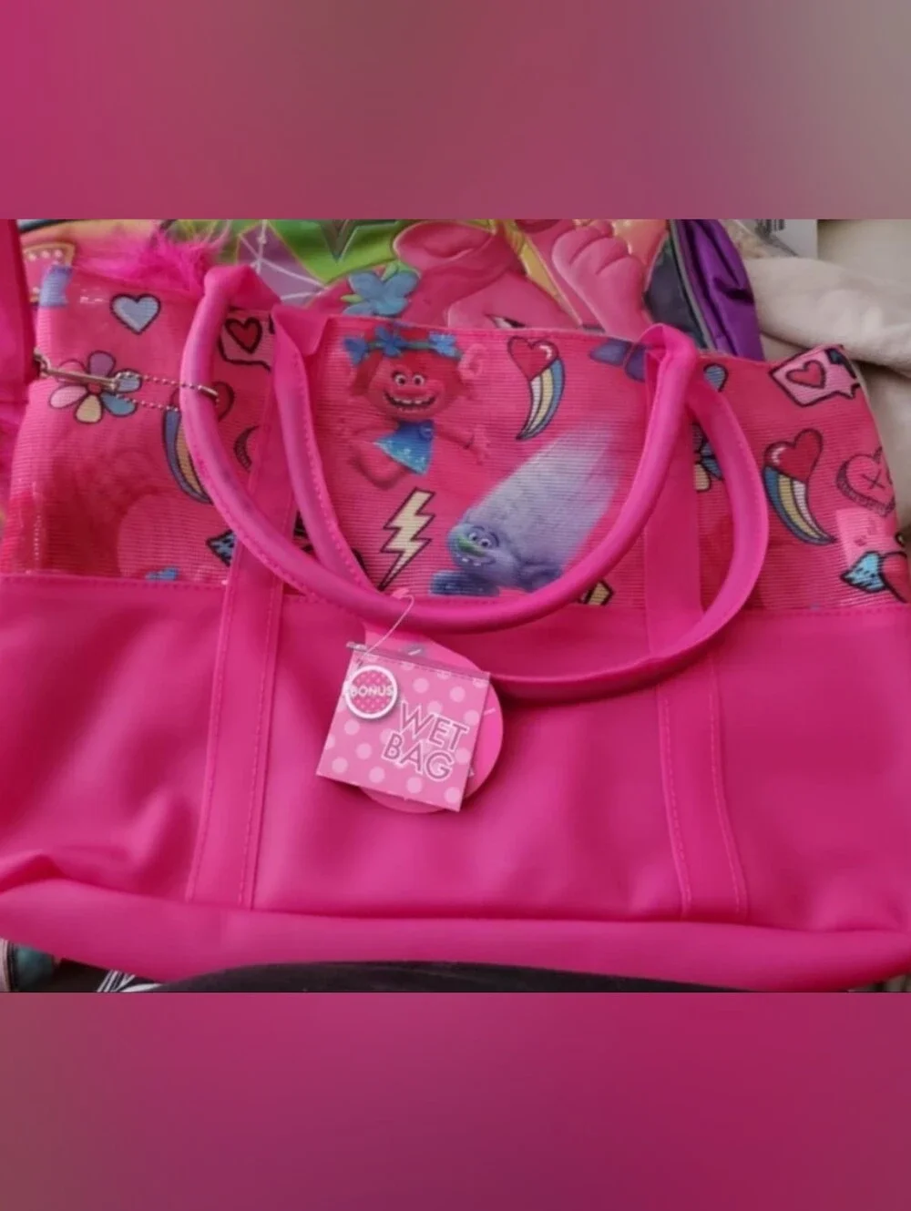 Trolls  Poppy Tote Bag with Matching Wet Bag Zipper Pouch. Pink. Pvc Wipe Clean.